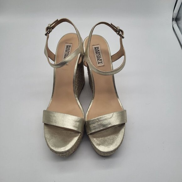 Badgley Mischka Womens SZ 10 Platform Straw Wedge Strappy Gold Metallic Sandals - Picture 2 of 13